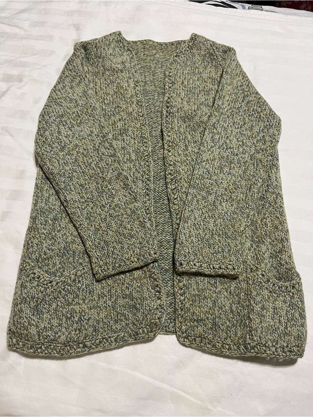 Open-Front Green Marled Hand Knit Cardigan Sweater